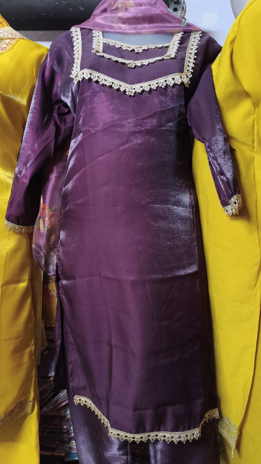 purple lace-trimmed kurta and bottomwear set
