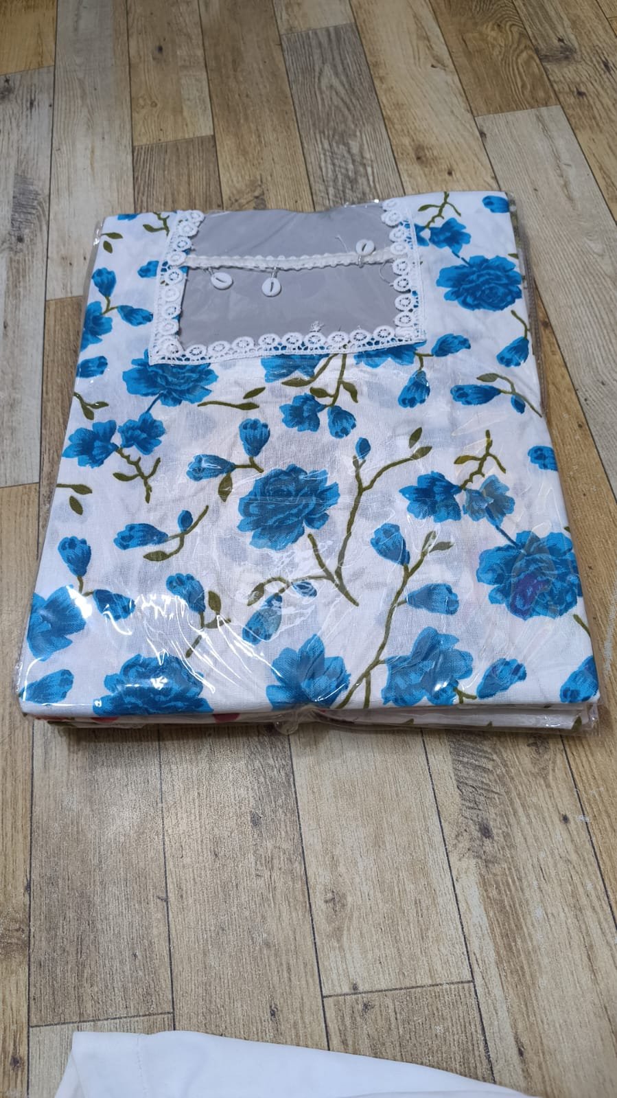 Blue Floral Cotton Lace Kurta