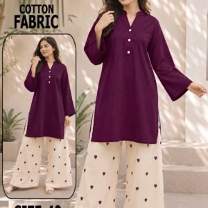 Women Wine Solid Kurti With White Heart Printed Pant