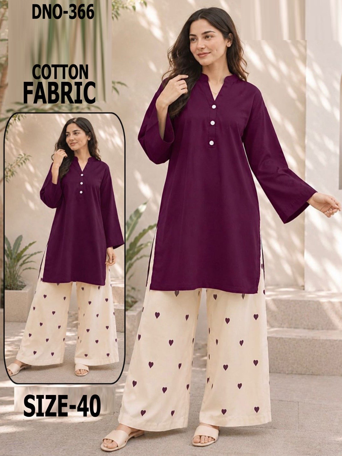 Women Wine Solid Kurti With White Heart Printed Pant